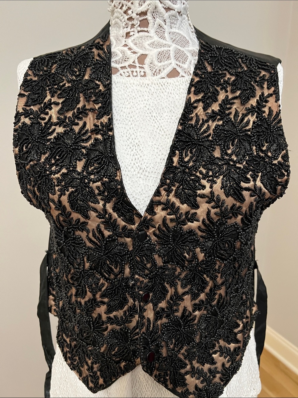 Black Beaded Floral Lace Vest - Women Tops